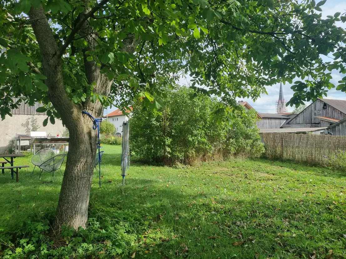 Grünes Baugrundstück in Neddemin mit Bäumen und angrenzenden Gebäuden.