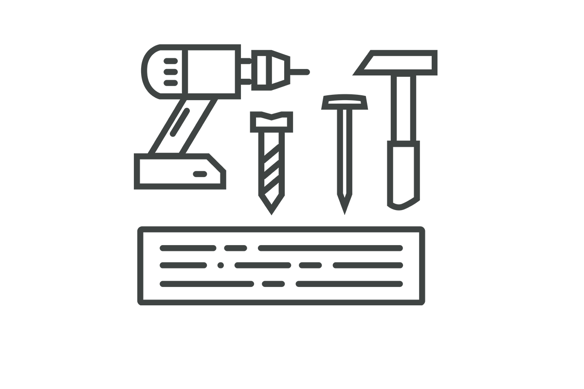 Linien-Icon mit Bohrmaschine, Schraube, Nägeln, Hammer und Holzlatten als Symbol für die verschiedenen Ausbaustufen eines FingerHauses.