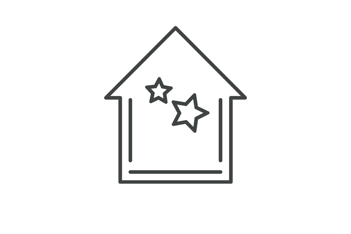 Linien-Icon mit einem Hausumriss und zwei Sternen im Inneren als Symbol für die Ausstattung eines FingerHauses.