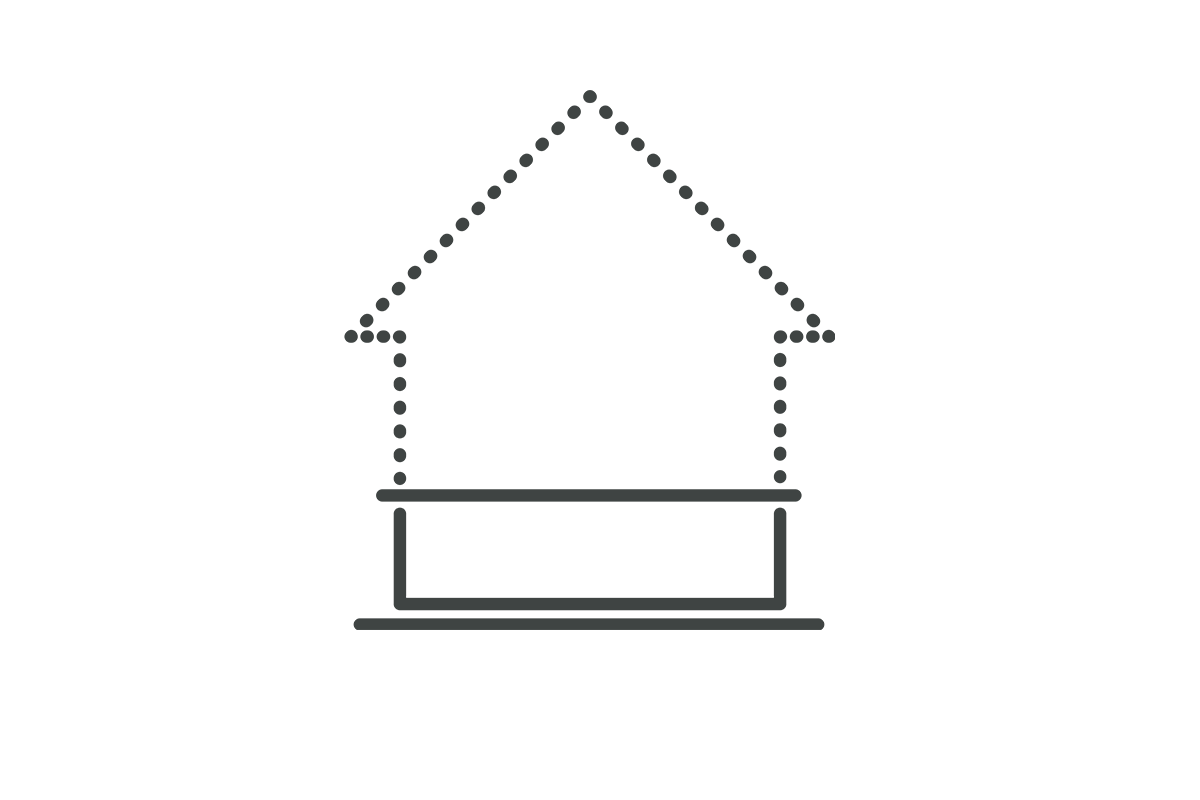 Linien-Icon mit einem gepunkteten Hausumriss auf einer rechteckigen Fundamentplatte als Symbol für die Fundamentplatte eines FingerHauses.