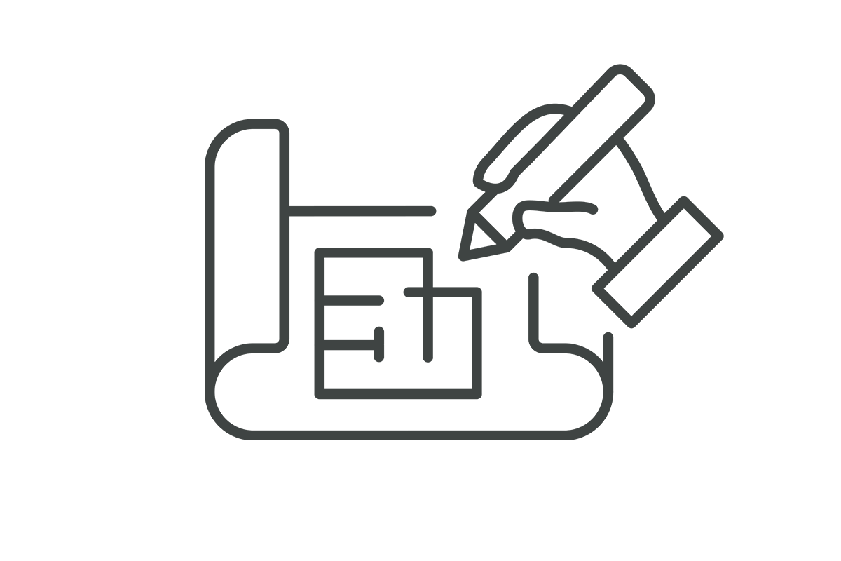 Linien-Icon mit einer aufgerollten Bauzeichnung, einem eingezeichneten Grundriss und einem Stift als Symbol für die Grundrissplanung eines FingerHauses.