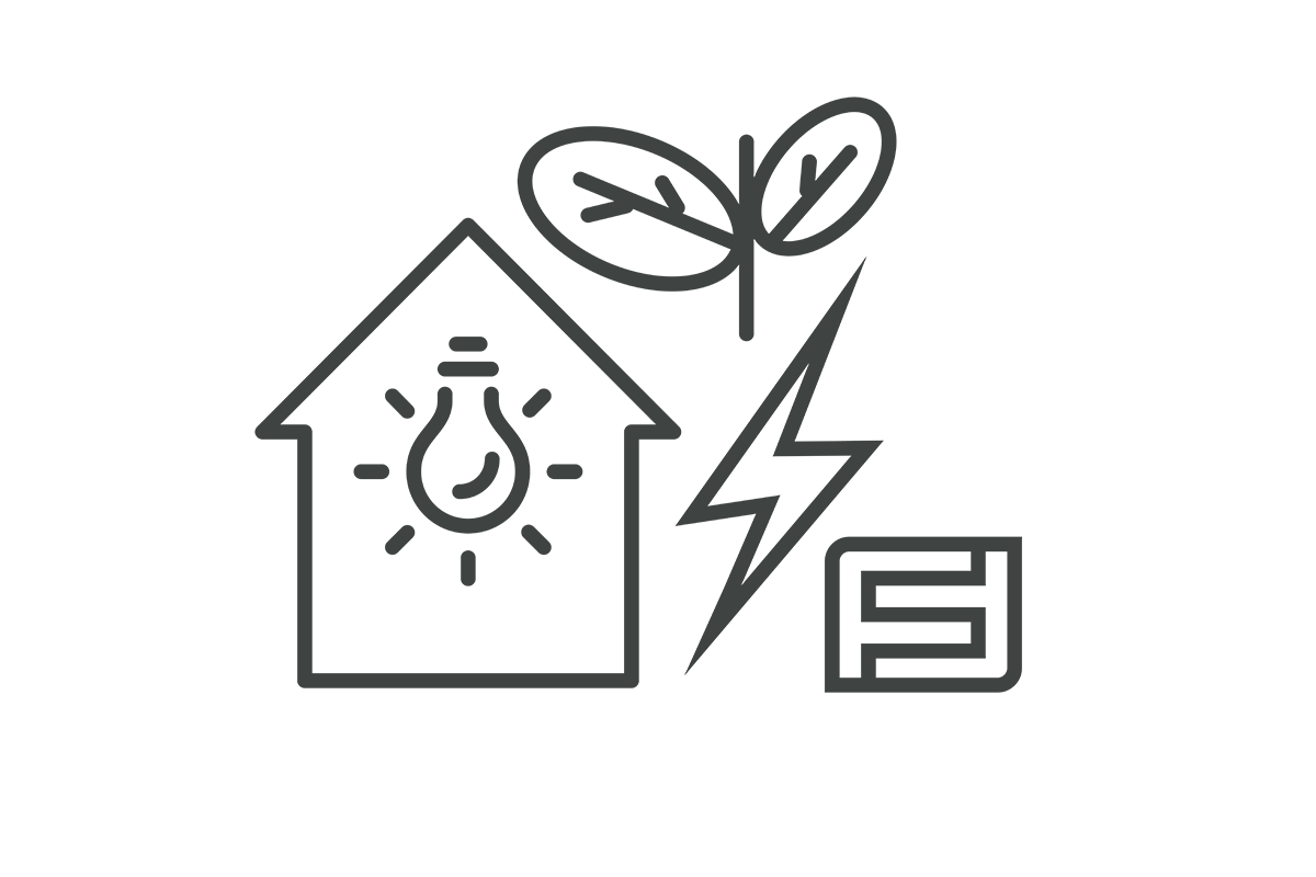 Linien-Icon mit einem Hausumriss, einer Glühbirne, zwei Blättern, einem Blitz und einem rechteckigen technischen Symbol als Darstellung der Haustechnik eines FingerHauses.
