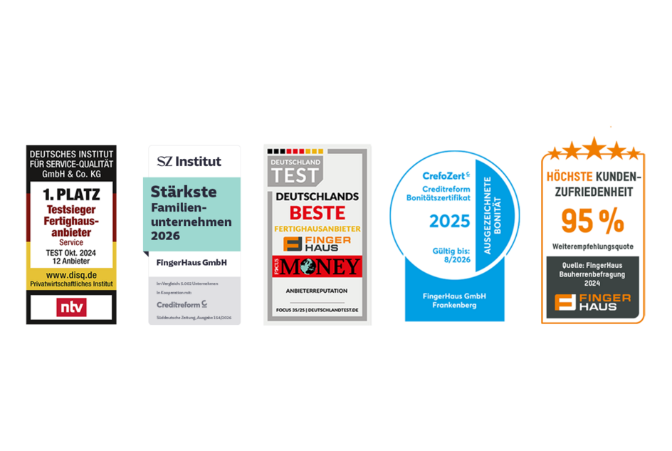 Übersicht mit fünf Auszeichnungen und Qualitätssiegeln von FingerHaus, darunter Testsieger, Stärkste Familienunternehmen 2026, Deutschlands Beste Fertighausanbieter, Creditreform Bonitätszertifikat und höchste Kundenzufriedenheit.