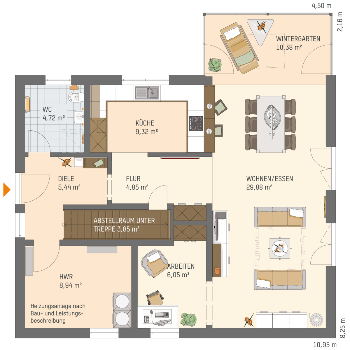 Grundriss Erdgeschoss FingerHaus NEO 311 mit Wintergarten, Arbeitszimmer und Abstellraum unter der Treppe