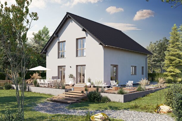 Visualisierung des FingerHaus ARTIS 300 S130 mit Satteldach, heller Fassade und großzügiger Terrasse im Garten.