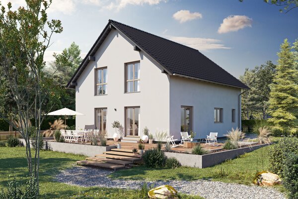 Visualisierung des FingerHaus ARTIS 300 S130 mit Satteldach, heller Fassade und großzügiger Terrasse im Garten.