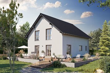 Visualisierung des FingerHaus ARTIS 300 S130 mit Satteldach, heller Fassade und großzügiger Terrasse im Garten.
