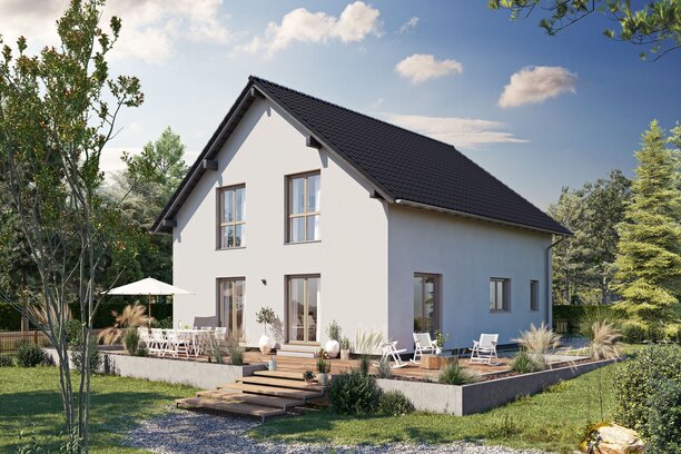 Visualisierung des FingerHaus ARTIS 300 S130 mit Satteldach, heller Fassade und großzügiger Terrasse im Garten.