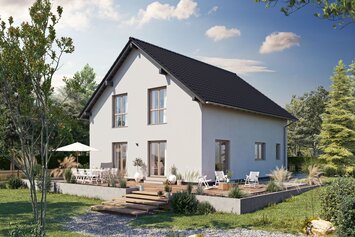 Visualisierung des FingerHaus ARTIS 300 S130 mit Satteldach, heller Fassade und großzügiger Terrasse im Garten.