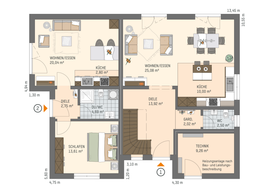 Grundriss Erdgeschoss Hausmodell ALTERO 6 mit Wohn-Essbereich, Küche, Schlafzimmer, Diele, Bad und Technikraum.