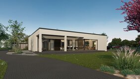 Flaches, modernes Musterhaus NIVO von FingerHaus mit großer Glasfront und überdachter Terrasse in einer Gartenlandschaft