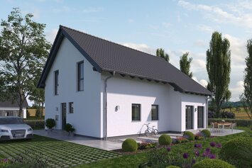 FingerHaus NEO 515 – modernes Einfamilienhaus mit dunklem Satteldach, weißer Fassade und großen Fenstern. Im Garten sind eine Feuerstelle mit Sitzbank, Rasenfläche, Ziersträucher und eine Terrasse mit Tisch und Stühlen zu sehen.