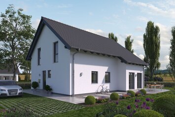FingerHaus NEO 515 – modernes Einfamilienhaus mit dunklem Satteldach, weißer Fassade und großen Fenstern. Im Garten sind eine Feuerstelle mit Sitzbank, Rasenfläche, Ziersträucher und eine Terrasse mit Tisch und Stühlen zu sehen.