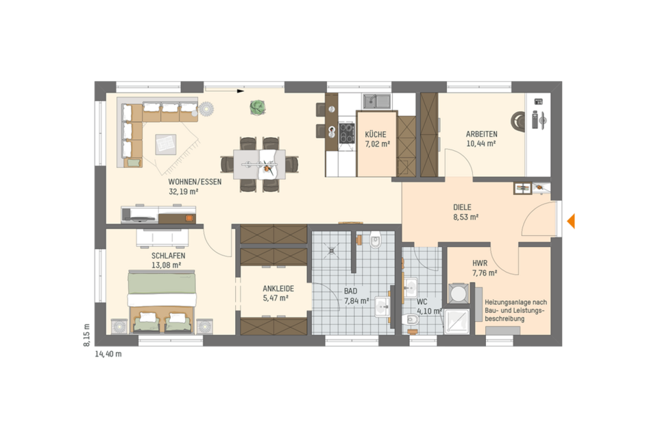 Grundriss eines eingeschossigen Hauses mit Wohn- und Essbereich, Küche, Schlafzimmer, Ankleide, Bad, Arbeitszimmer und Hauswirtschaftsraum