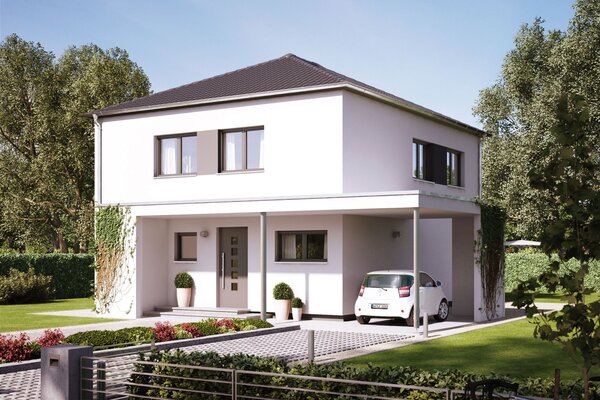 FingerHaus MEDLEY 300 – zweigeschossiges Einfamilienhaus mit Walmdach, heller Fassade und Garage. Im Vordergrund gepflasterte Einfahrt, Fahrrad und Bepflanzung.