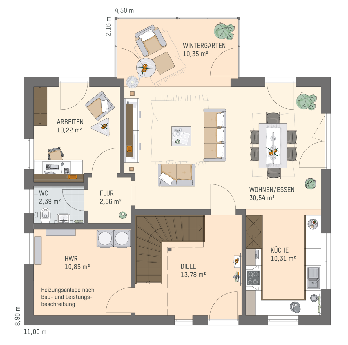 Grundriss eines Einfamilienhauses JUNO von FingerHaus mit beschrifteten Räumen wie Wintergarten, Arbeiten, WC, Flur, HWR, Diele, Wohnen/Essen und Küche, jeweils mit Quadratmeterangaben und Möbeln eingezeichnet