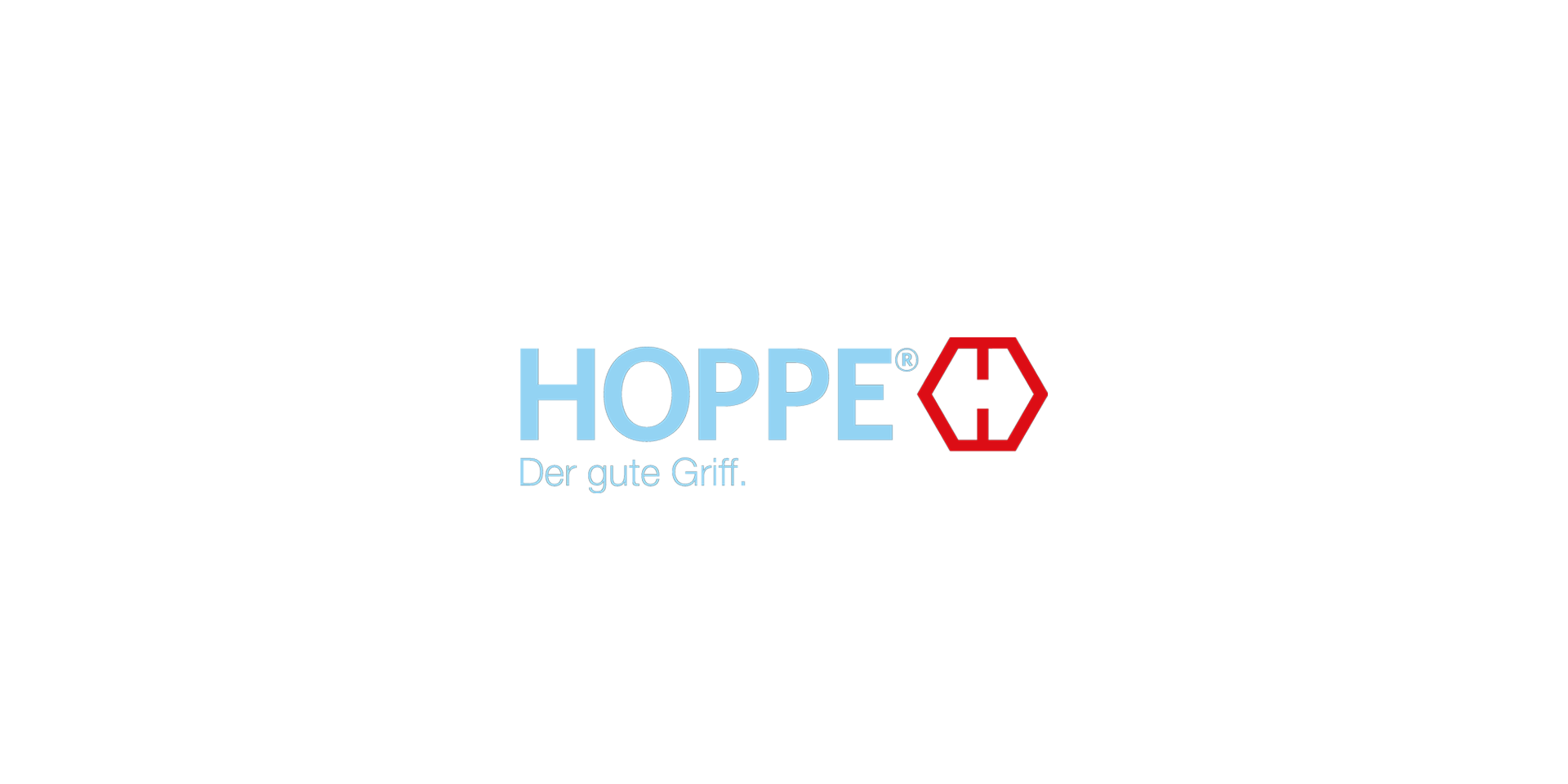 Logo „HOPPE“ mit blauem Schriftzug, rotem Sechseck-Symbol und Zusatz „Der gute Griff.“