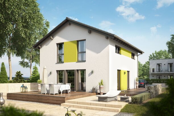 FingerHaus MEDLEY 200 – modernes zweigeschossiges Einfamilienhaus mit Satteldach, weißer Putzfassade und gelben Fassadenelementen. Im Vordergrund eine große Holzterrasse mit Esstisch und Liege, umgeben von Garten, Rasen und Pflanzbeeten.