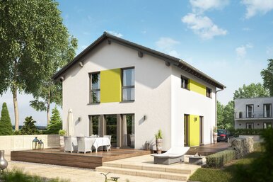 FingerHaus MEDLEY 200 – modernes zweigeschossiges Einfamilienhaus mit Satteldach, weißer Putzfassade und gelben Fassadenelementen. Im Vordergrund eine große Holzterrasse mit Esstisch und Liege, umgeben von Garten, Rasen und Pflanzbeeten.