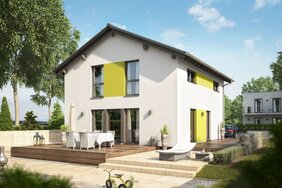 FingerHaus MEDLEY 200 – modernes zweigeschossiges Einfamilienhaus mit Satteldach, weißer Putzfassade und gelben Fassadenelementen. Im Vordergrund eine große Holzterrasse mit Esstisch und Liege, umgeben von Garten, Rasen und Pflanzbeeten.
