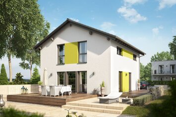 FingerHaus MEDLEY 200 – modernes zweigeschossiges Einfamilienhaus mit Satteldach, weißer Putzfassade und gelben Fassadenelementen. Im Vordergrund eine große Holzterrasse mit Esstisch und Liege, umgeben von Garten, Rasen und Pflanzbeeten.