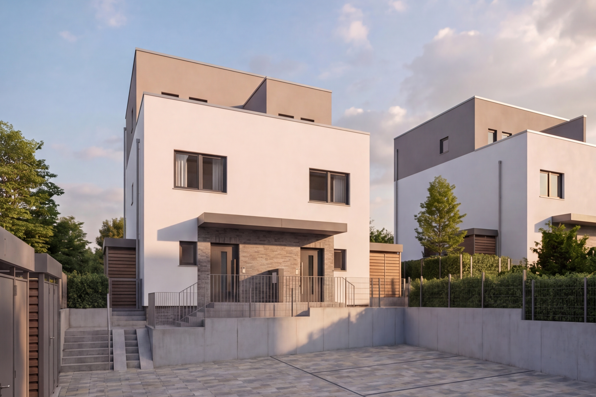 Moderne Doppelhaushälften mit kubischer Architektur, Flachdach und gepflasterter Hoffläche in Bad Nauheim.