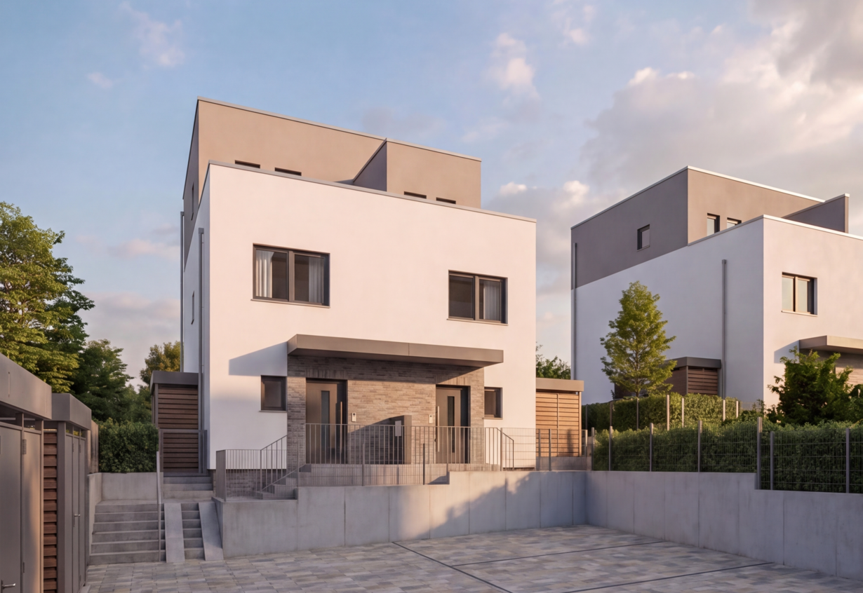 Moderne Doppelhaushälften mit kubischer Architektur, Flachdach und gepflasterter Hoffläche in Bad Nauheim.