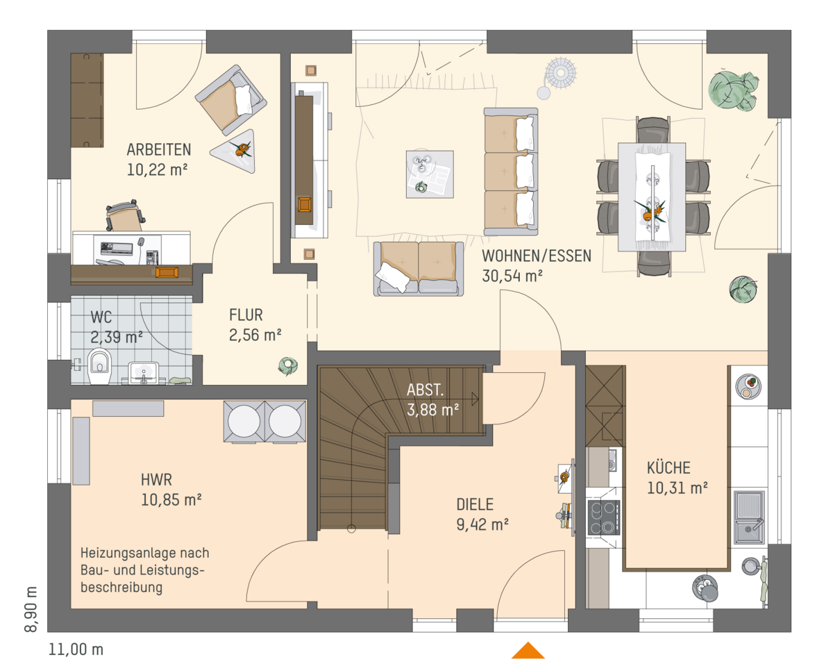 Grundriss vom FingerHaus Einfamilienhaus JUNO 202 mit beschrifteten Räumen wie Wohnen/Essen, Küche, Arbeiten, WC, HWR, Flur, Diele und Abstellraum sowie eingezeichneten Möbeln.