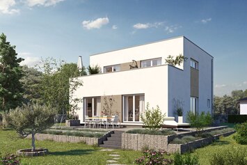 Visualisierung des FingerHaus ARTIS 301 F STG mit kubischer Architektur, Flachdach, heller Fassade und Terrasse mit Gartenbereich und Feuerstelle.