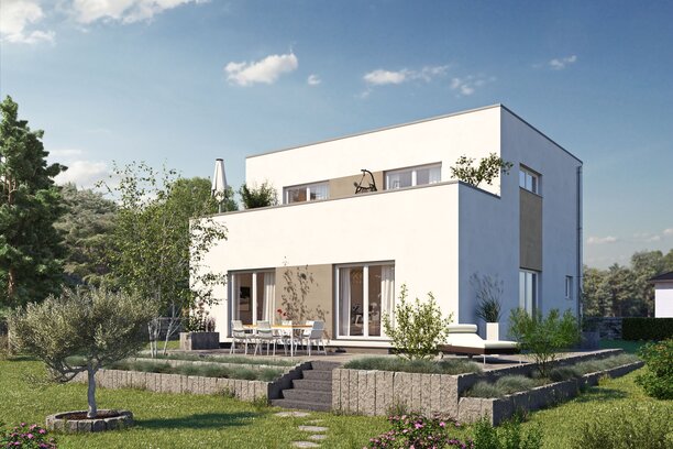 Visualisierung des FingerHaus ARTIS 301 F STG mit kubischer Architektur, Flachdach, heller Fassade und Terrasse mit Gartenbereich und Feuerstelle.
