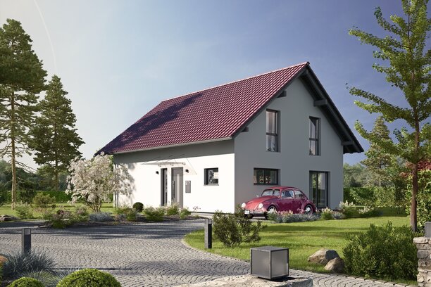 Fertighaus FingerHaus JUNO 402 mit heller Fassade, rotem Satteldach und gepflasterter Einfahrt mit Auto und Vorgarten bei Abendstimmung.