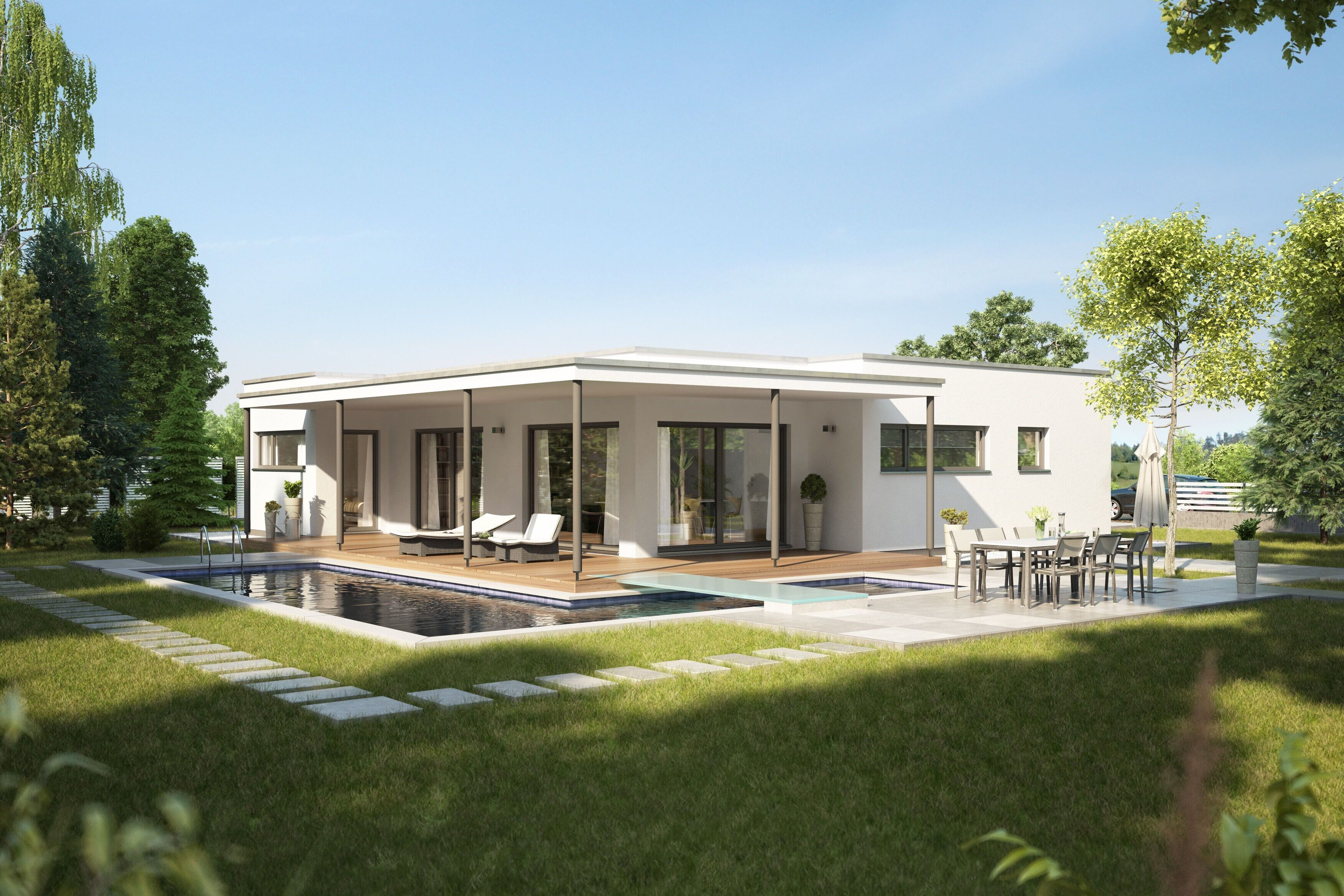 Fotorealistische Visualisierung des modernen Bungalows FingerHaus NIVO 120 F mit Flachdach und großzügiger überdachter Terrasse. Das Haus liegt in einer grünen Gartenlandschaft mit Pool und sonniger Sitzfläche unter blauem Himmel.