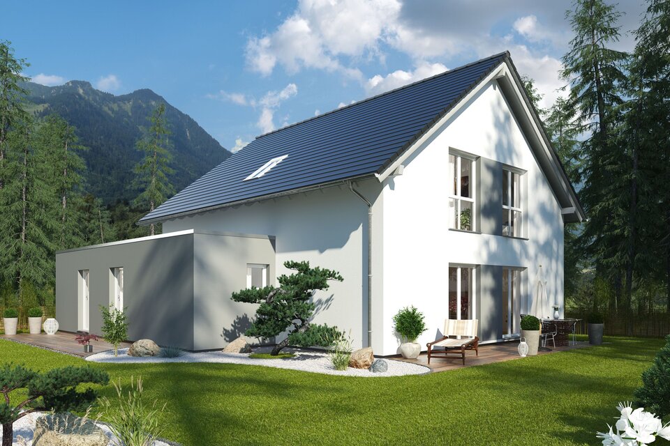 FingerHaus ALTERO 3 – modernes Einfamilienhaus mit Einliegerwohnung, Satteldach, heller Fassade und bodentiefen Fenstern. Der Garten zeigt Rasenfläche, bepflanzte Beete und eine Terrasse im Hintergrund.