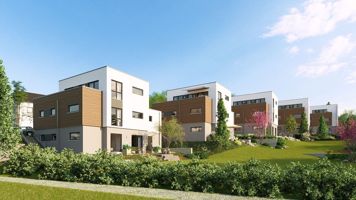 Visualisierung eines modernen Wohngebiets mit mehreren Flachdachhäusern in Marburg-Wehrda. Die Gebäude kombinieren weiße Fassaden mit Holzverkleidung und liegen in einer begrünten, leicht ansteigenden Landschaft mit Bäumen und Sträuchern.