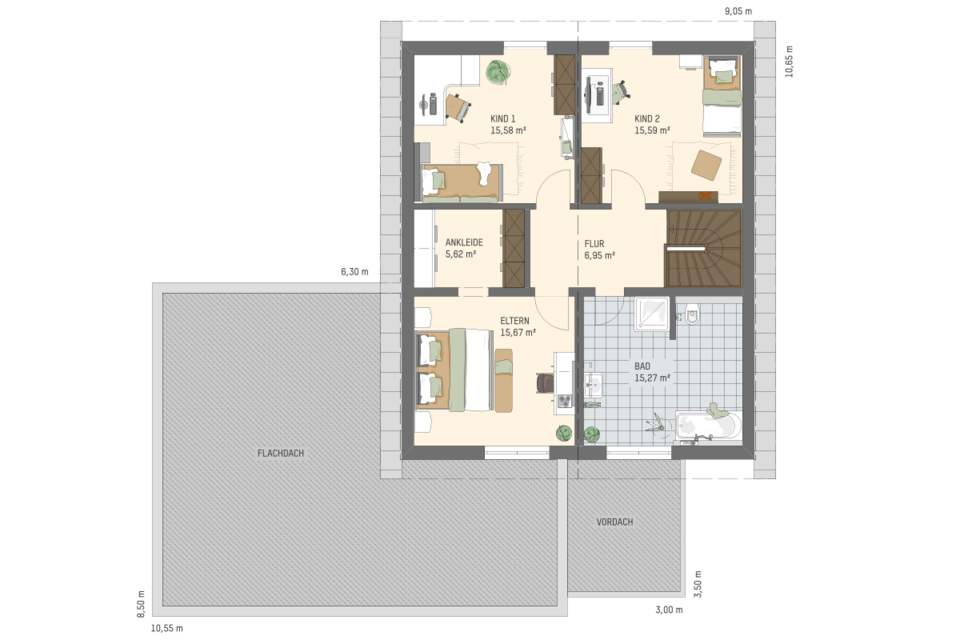 Grundriss Dachgeschoss mit Elternschlafzimmer, zwei Kinderzimmern, Ankleide, Bad, Flur, Dachterrasse und Balkon.