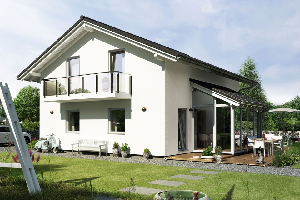 Außenansicht des Hauskonzepts MEDLEY 201 A S160 von FingerHaus mit großer Terrasse und Garten.