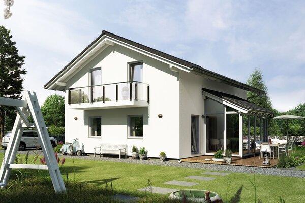 Außenansicht des Hauskonzepts MEDLEY 201 A S160 von FingerHaus mit großer Terrasse und Garten.