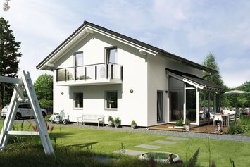 Außenansicht des Hauskonzepts MEDLEY 201 A S160 von FingerHaus mit großer Terrasse und Garten.