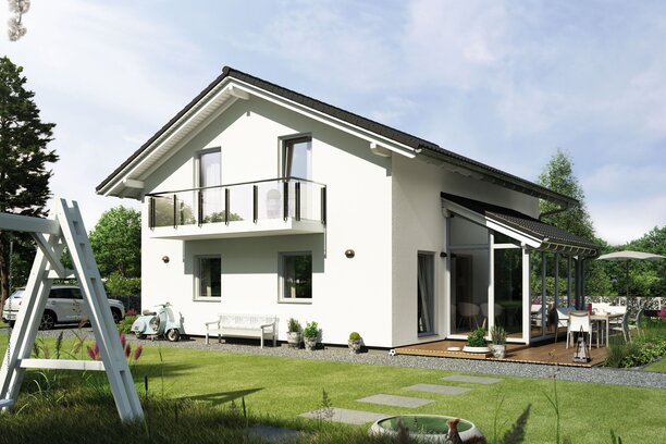 Außenansicht des Hauskonzepts MEDLEY 201 A S160 von FingerHaus mit großer Terrasse und Garten.