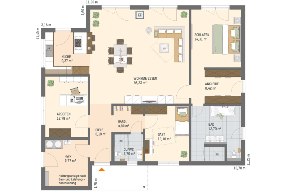 Grundriss eines eingeschossigen Hauses mit großem Wohn- und Essbereich, Küche, Schlafzimmer, Ankleide, Bad, Gästezimmer und Arbeitszimmer