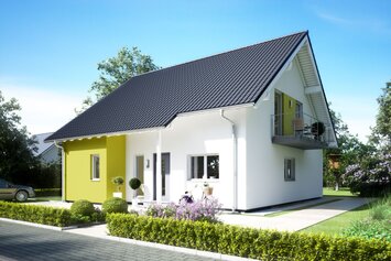 FingerHaus VIO 350 – kompaktes Einfamilienhaus mit Satteldach, heller Fassade und gelbem Fassadenakzent. Vor dem Haus sind Gehweg, Rasenstreifen und Pflanzenbeete sichtbar.