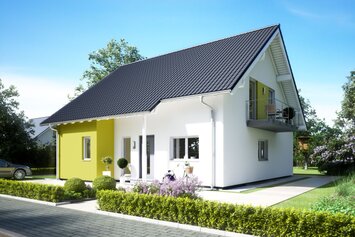 FingerHaus VIO 350 – kompaktes Einfamilienhaus mit Satteldach, heller Fassade und gelbem Fassadenakzent. Vor dem Haus sind Gehweg, Rasenstreifen und Pflanzenbeete sichtbar.