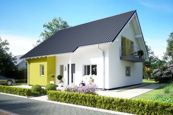FingerHaus VIO 350 – kompaktes Einfamilienhaus mit Satteldach, heller Fassade und gelbem Fassadenakzent. Vor dem Haus sind Gehweg, Rasenstreifen und Pflanzenbeete sichtbar.