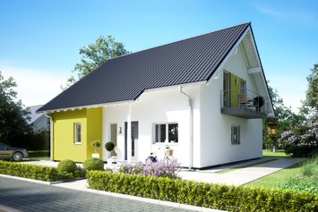 FingerHaus VIO 350 – kompaktes Einfamilienhaus mit Satteldach, heller Fassade und gelbem Fassadenakzent. Vor dem Haus sind Gehweg, Rasenstreifen und Pflanzenbeete sichtbar.