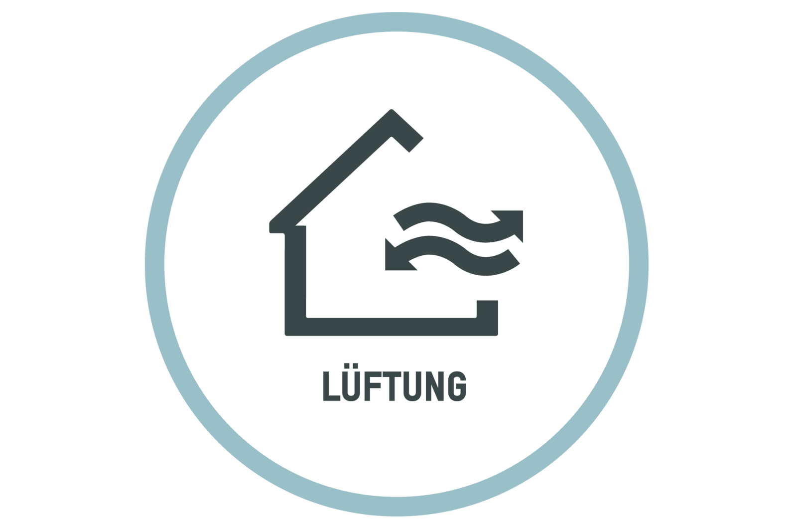 Symbol für Lüftung mit Luftströmen in einem Haus – Darstellung für Belüftungssysteme in Fertighäusern