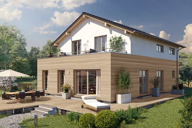 Visualisierung des FingerHaus ARTIS 350 S215 mit Holzfassade im Erdgeschoss, Satteldach, Balkon und großzügiger Terrasse im Garten.