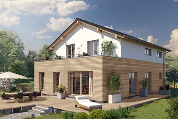 Visualisierung des FingerHaus ARTIS 350 S215 mit Holzfassade im Erdgeschoss, Satteldach, Balkon und großzügiger Terrasse im Garten.