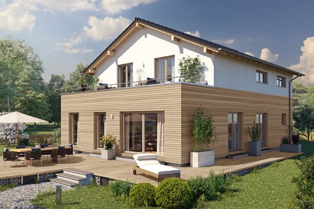 Visualisierung des FingerHaus ARTIS 350 S215 mit Holzfassade im Erdgeschoss, Satteldach, Balkon und großzügiger Terrasse im Garten.
