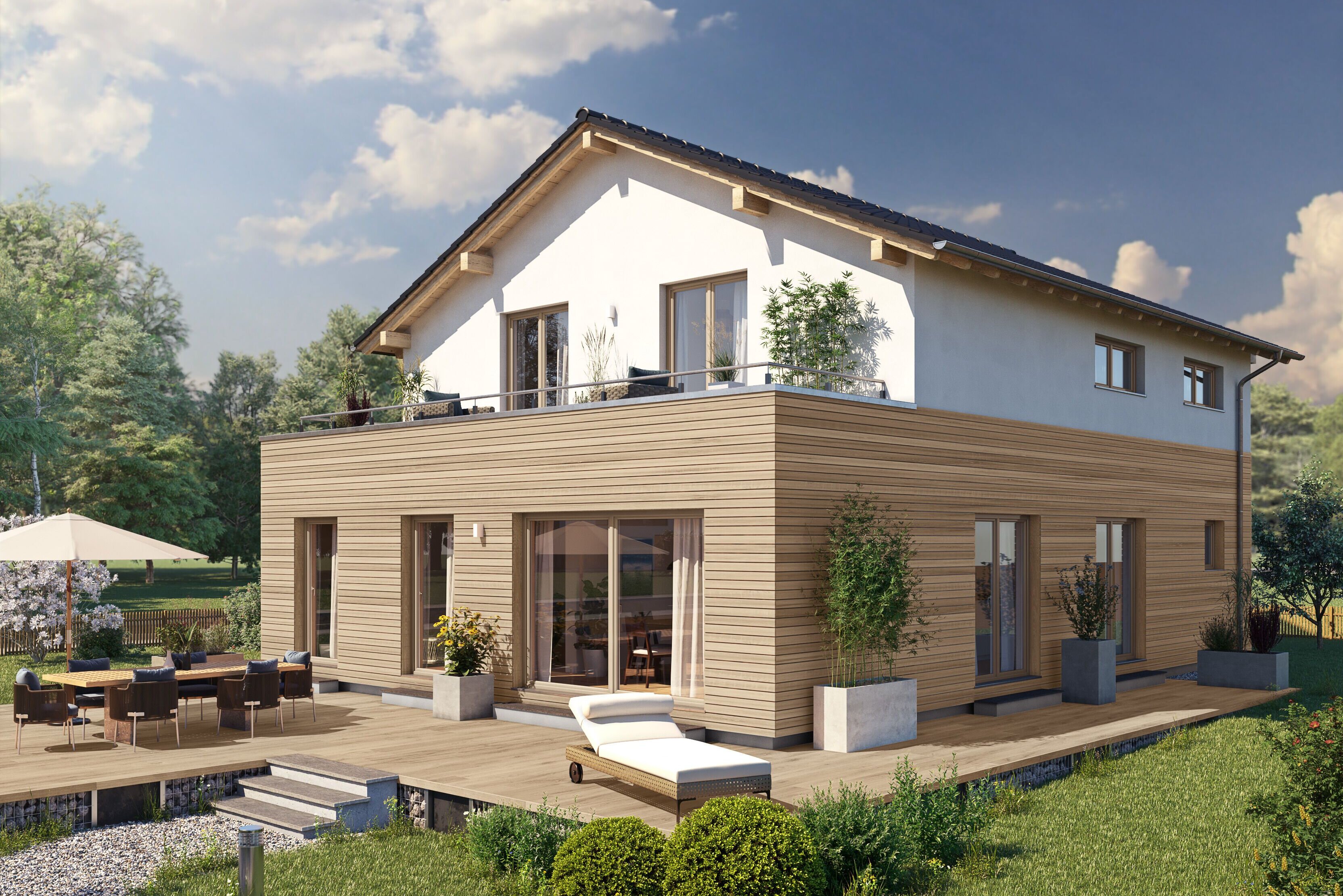 Visualisierung des FingerHaus ARTIS 350 S215 mit Holzfassade im Erdgeschoss, Satteldach, Balkon und großzügiger Terrasse im Garten.