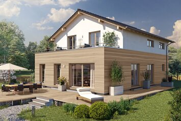 Visualisierung des FingerHaus ARTIS 350 S215 mit Holzfassade im Erdgeschoss, Satteldach, Balkon und großzügiger Terrasse im Garten.